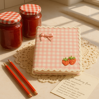 Carnet A5 LABON rose à carreaux brodés de fraises, couverture en tissu mignon avec nœud et dentelle pour filles, école et cadeau