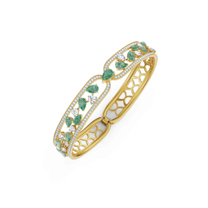 Pulsera de Oro Amarillo de 18K de Lujo con Esmeraldas y Diamantes para Mujer, Brazalete Abierto con Esmeralda de Corte Pera, Joyería Fina para Bodas y Fiestas - Product Image 1