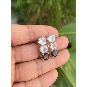 Pendientes Colgantes de Plata de Ley 925 con Cristal y Cuarzo Ahumado, Accesorio de Moda - Product Image 1