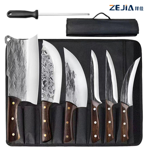 Ensemble de couteaux de chef, hachoir à viande, hachoir à os, manche en bois, motif martelé, acier inoxydable 3cr13, couteaux de cuisine avec sac de transport et aiguiseur - Product Image 1