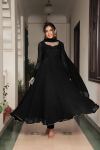 Traditional Indian Style Faux Georgette Anarkali Long Gown with Designer Dupatta Long Sleeve Party Wear - Product Image 2