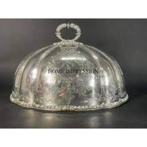 Silver Color Finishing Shiny Polished Round Shape Metal Food <b>Dome</b> Supply With Gold Plated Top Lid Handle Wholesale Bulk Selling - Product Image 2