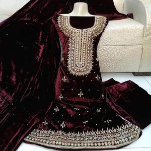 Costume Salwar Kameez, robe de mariage en velours, tenue de travail manuel indien, Shalwar, offre spéciale, 2022 - Product Image 1