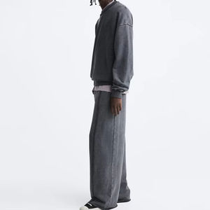 Conjunto de sudadera con hombros caídos de gran tamaño lavado con ácido personalizado para hombre, ropa de calle con cuello redondo, chándal, Sudadera con cuello redondo para hombre - Product Image 3