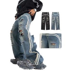 Vente en gros de pantalons en denim pour hommes, déchirés à jambes larges, coupe ample, jeans streetwear avec rayure latérale, commandes OEM - Product Image 2
