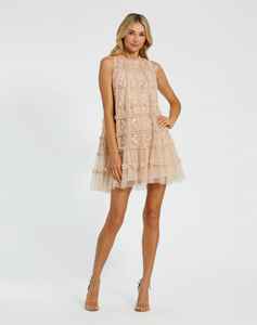 Robes de soirée élégantes pour femmes, mini robes trapèze personnalisées de haute qualité, broderie de paillettes, col rond, décoration de perles naturelles, fêtes - Product Image 1