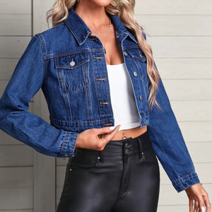 Chaqueta vaquera de estilo callejero de manga larga para mujer, chaqueta básica de moda informal de Color sólido corto para mujeres jóvenes - Product Image 4