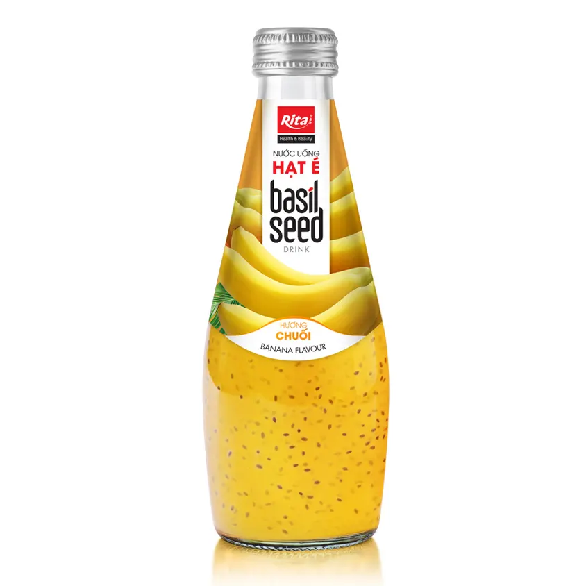 Eksportir dari Vietnam minuman manfaat dari biji Basil 290ml botol kaca jus biji Basil dengan jus pisang