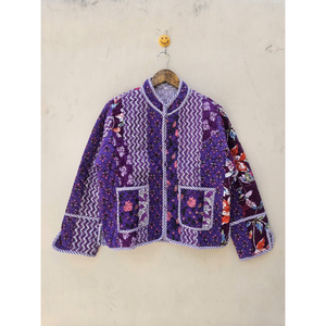Veste Courte Matelassée en Coton Vintage Indien Fait Main de Qualité Supérieure pour Femme, Violet Foncé, Respirante, Imprimée, en Lin pour l'Hiver - Product Image 1