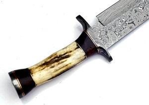 Vente en gros de couteau de chasse Bowie fait main en acier damas avec manche en bois gaine en cuir fin - Product Image 4