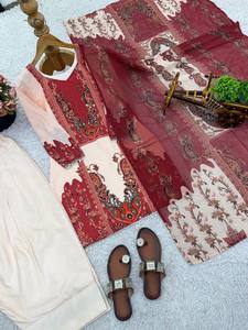 Robe de mariée traditionnelle indienne et pakistanaise en tissu faux georgette PinkCityBlocks, dessinée à la main, extensible, coupe ample pour femme - Product Image 4