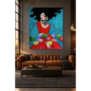 Fida Woman in Red Dress and Colorful Dandelions <b>Canvas</b> Print - Product Image 1
