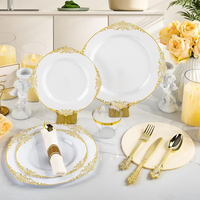 Ensembles de vaisselle jetables en plastique rose doré de luxe élégants et haut de gamme pour 25 invités, pour fêtes et mariages, compatibles congélateur/lave-vaisselle/micro-ondes