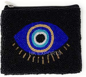 Porte-monnaie perlé fait main noir et bleu avec protection pour les yeux, mini pochette zippée style bohème - Product Image 1