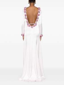 Floral Fuchsia A-ligne O-cou perlé robe de soirée manches longues dos nu pleine longueur antistatique pour les fêtes de bal avant inclus - Product Image 2