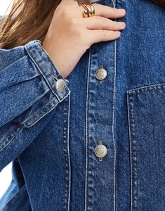 Women Denim Jacket Collarless <b>Balloon</b> Sleeve Indigo Wash Round Neck Midseason Layering Button Placket Wholesale Casual Chic - Product Image 4