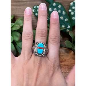 Navajo Turquoise Coral Gemstone <b>Ring</b> for <b>Men</b> 10.5 Size Sterling Silver Rhodium Plated Wedding Everyday Wear Rhodium Setting - Product Image 2
