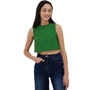 Top corto sin mangas para mujer más vendido, mezcla de algodón verde sólido, cuello alto, camiseta sin mangas de verano informal, ropa al por mayor de etiqueta privada OEM - Product Image 1