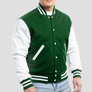 แจ็คเก็ตนักเบสบอลสำหรับผู้ชายสีเขียวและสีขาวมีแขนหนัง PU ผลิตตามสั่ง - Product Image 1