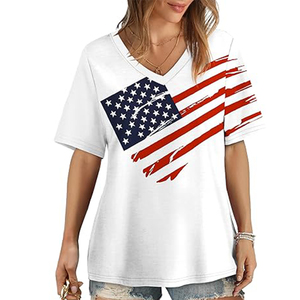 Femmes été décontracté drapeau blanc vente en gros manches longues T-Shirts broderie décoration respirant toile col en v Style imprimer - Product Image 2