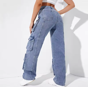 กางเกงยีนส์ของผู้หญิงแฟชั่นใหม่กางเกงลำลองสีฟ้ามีรูระบายทรงตรงประดับเพชรพลอยเทียมสไตล์วินเทจไม่ซ้ำใคร - Product Image 3