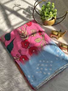 Sari Indio de Seda Makhmali Suave para Mujer, Hermoso Kalmakari con Borde de Encaje Samosa Plateado Bandhani - Product Image 5