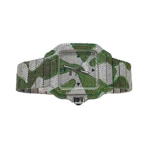 Estilo Hip Hop Reloj de banda de acero inoxidable con movimiento de cuarzo con tachuelas de diamantes de moissanita verde y blanco para hombres y mujeres - Product Image 1