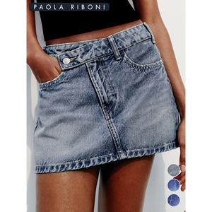 Paola Riboni <b>Denim</b> Skirt Women's A-Line High Waist Washed Blue Summer Fashion <b>Stretch</b> Skinny Mini Skirt - Product Image 2