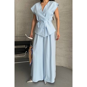Giacca Kimono estiva in due pezzi a maniche corte da donna con pantaloni Palazzo dal taglio ampio e lacci - Product Image 5