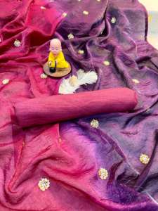 Telas de satén con relleno de primera calidad con brocas y trabajo de secuencia y borde de encaje con ribetes Saree con pieza de blusa Banglory para adultos - Product Image 2