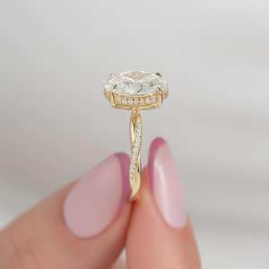 8x10mm Oval Cut Diamond Engagement <b>Ring</b> | <b>Solitaire</b> Pave Band 18K Gold Plated Sterling <b>Silver</b> | Minimalist Bridal Wedding - Product Image 3