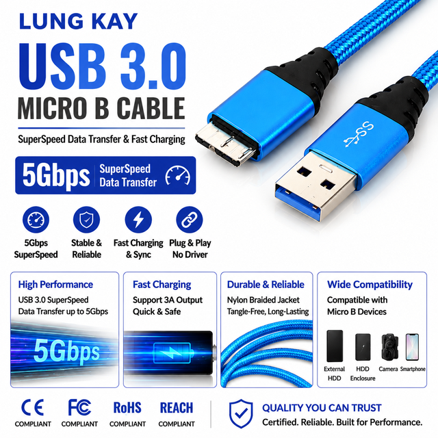 LUNG KAY USB 3.0 Type a Male to Micro B Male Data Cable External Hard Drive Disk HDD Cord High Speed Transfer