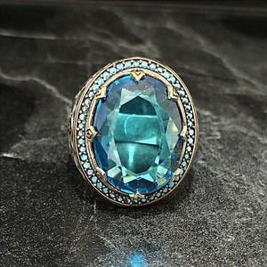 Anillo Floral Vintage Hecho a Mano para Hombre con Aguamarina Ovalada y Circonita Azul, Anillos de Plata de Ley 925 con Piedras Preciosas - Product Image 2