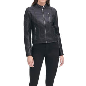 Veste en cuir 100% pour femme, coupe ajustée, fermeture éclair, logo personnalisé, respirante, teinte unie, col montant tricoté, tendance pour l'hiver - Product Image 1