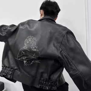 High Street ERD Graphic hommes en cuir véritable col rabattu toile imperméable veste à glissière noir manteau décontracté - Product Image 4