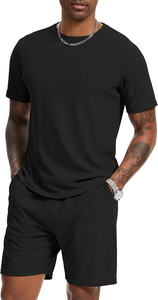 T-shirt et short en coton respirant et décontracté pour hommes, ensemble de deux pièces avec logo personnalisé, survêtement d'été élégant et lourd à personnaliser - Product Image 4