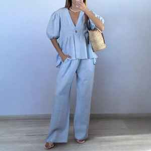 ชุดเซ็ตผ้าฝ้ายสีน้ำเงินวินเทจ  แบบเรียบง่าย เป็นมิตรกับสิ่งแวดล้อม ระบายอากาศได้ดี พร้อมกระดุมที่ปลายแขนเสื้อ แขนพอง เสื้อและกางเกงขายาวทรงกว้าง 2 ชิ้น ผลิตในอินเดีย - Product Image 2