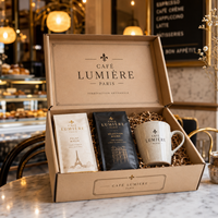 Boîte cadeau personnalisée AT PACK pour café, sachets de café, tasse en céramique, emballage haut de gamme pour torréfacteurs de café de spécialité, branding de café