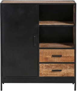 Hoja de hierro Industrial y Mango, madera negra y Natural antigua, puerta Vintage, dos cajones de almacenamiento, Estantes abiertos, aparador de armario - Product Image 3