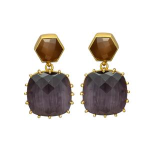 Ensemble de boucles d'oreilles goutte d'eau en pierres précieuses marron et améthyste, ensemble de boucles d'oreilles plaqué or pour femme - Product Image 1