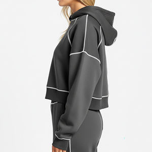 Sudadera con Capucha Corta de Hombros Caídos, Estilo Casual, con Costuras en Contraste, para Mujer, Logotipo Personalizado Impreso, Sudadera Gruesa, OEM/ODM - Product Image 6