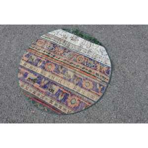 Tapis Turc Authentique Bleu Beige 3.2 X 3.1ft Fait à la Main Tissage Plat Jacquard Technique Laine Fourrure Patchwork pour Couloir Rectangle - Product Image 2