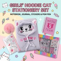 Set de Papelería para Niñas, Cuaderno de Peluche con Gatito, Bolígrafo con Pompones, Pegatinas, Diario Espiral, Regalo de Cumpleaños o Navidad para Niñas