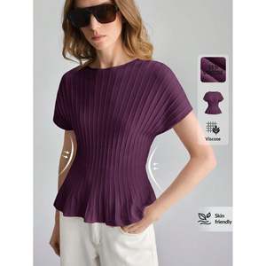 เสื้อสเวตเตอร์ถักแขนสั้นลายทางแต่งระบายสำหรับผู้หญิง - Product Image 1