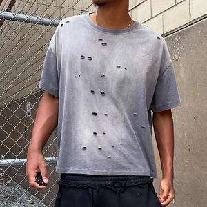 Logo personnalisé T-shirt homme 100% coton col rond surdimensionné lavé à l'acide trous en détresse avec motif solide T-Shirt personnalisable - Product Image 6