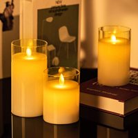 Pilier réaliste en verre blanc sans flamme à piles LED 4 "5" 6 "x 3" Set 3 tasses de bougies avec flamme mobile et télécommande pour la maison