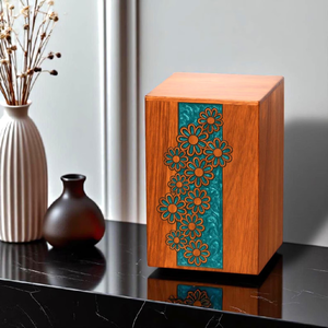 Urne funéraire en bois gravée florale incrustation de marguerites sarcelle urnes funéraires personnalisées pour cendres humaines - Product Image 6