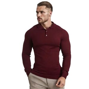 Gingtto Polo à manches longues personnalisé de couleur unie revers simple boutonnage polos pour hommes - Product Image 1