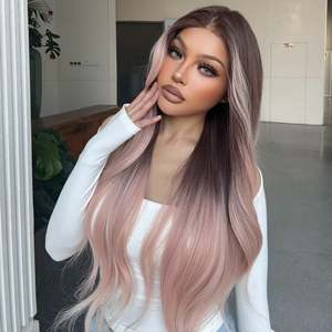 Galinda-DWY for Ombre Pink <b>Brown</b> Tresses Wavy Synthetic <b>Wig</b> Transparent Front 136 Free Part Front Free Part Ombre Pink <b>Brown</b> - Product Image 2