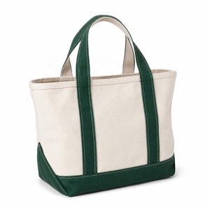 MORGANS INDUSTRIES <b>Canvas</b> <b>Tote</b> Bag Cream Green Handles Zipper Closure Solid Color Open Top Minimalist Style All Seasons Bag - Product Image 1